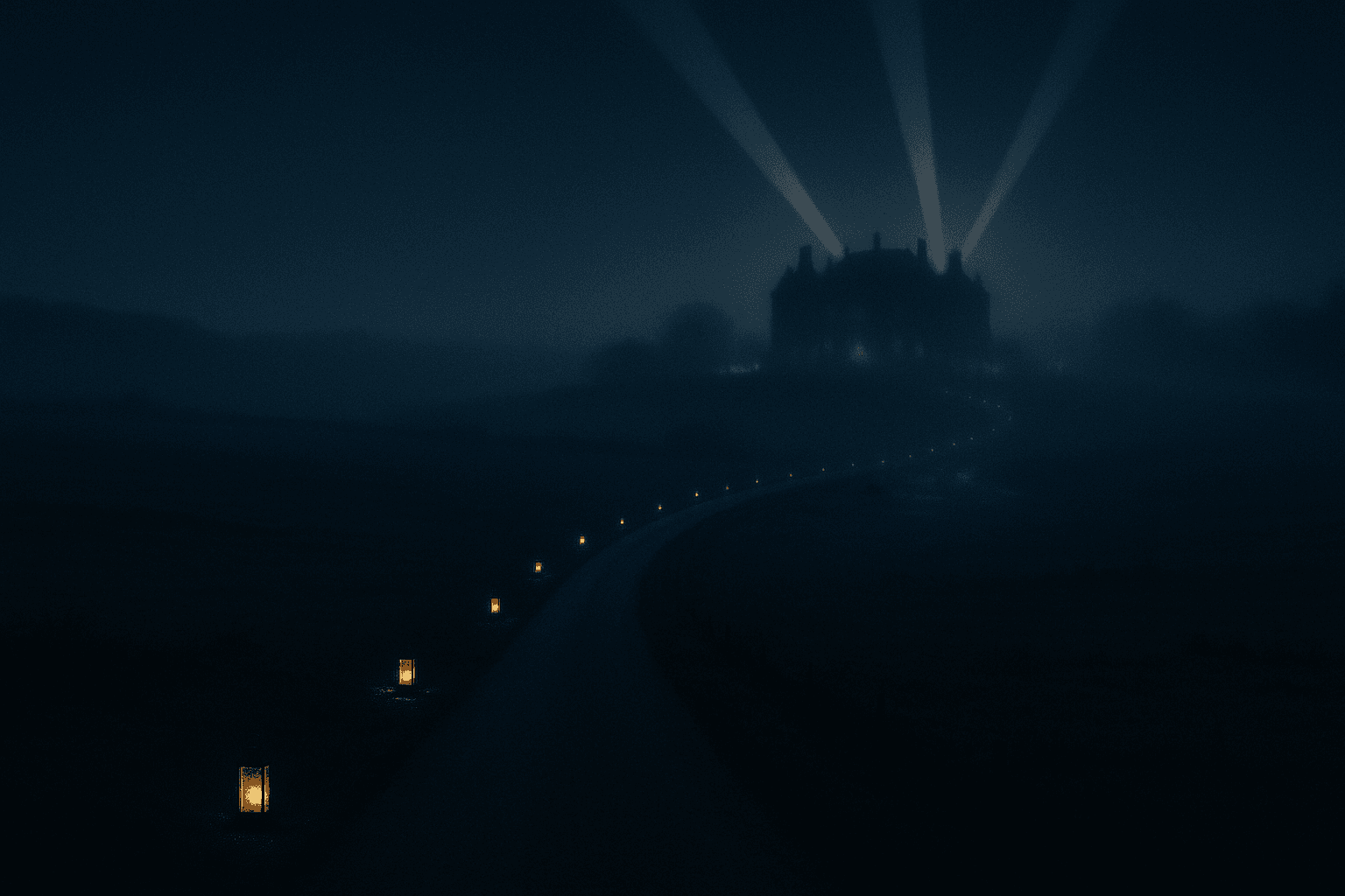 A lantern-lit road winding through dark countryside toward the distant, hazy silhouette of the Hous, with searchlight beams sweeping the night sky above it