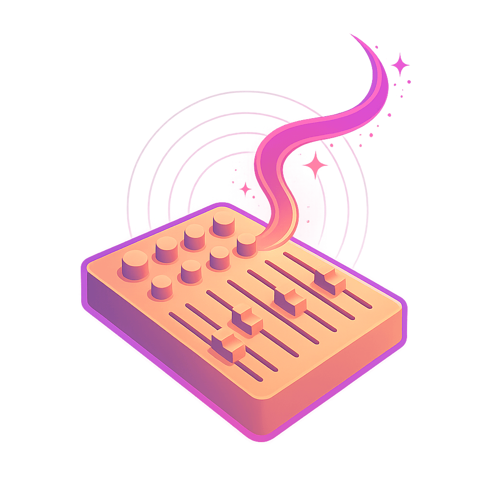 Illustration of a glowing mixing console with faders and knobs, a magenta waveform ribbon rising from it into sparks