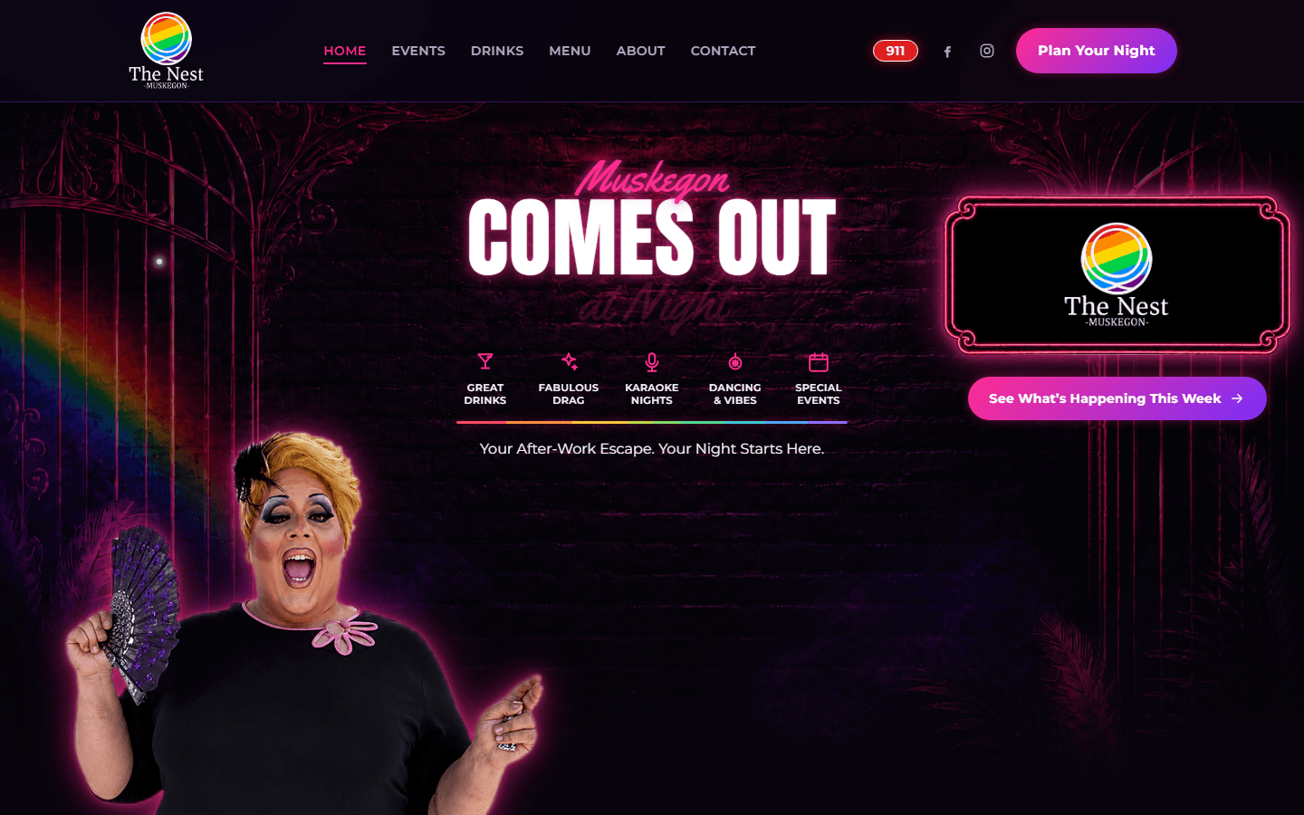 The Nest — marketing website for an LGBTQ+ nightclub in Muskegon, MI, built by Starling Labs